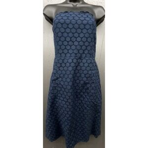 J Crew Eyelet Dress 6 Blue Strapless Cotton Pockets Coastal Preppy Quiet Luxury